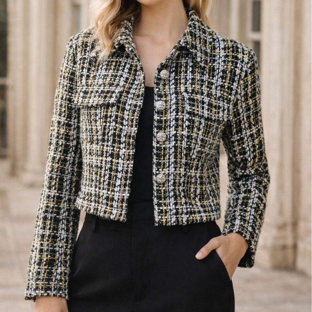 Elan Tweed Blazer Jacket Black White Gold Women S Cropped Sparkle Chic